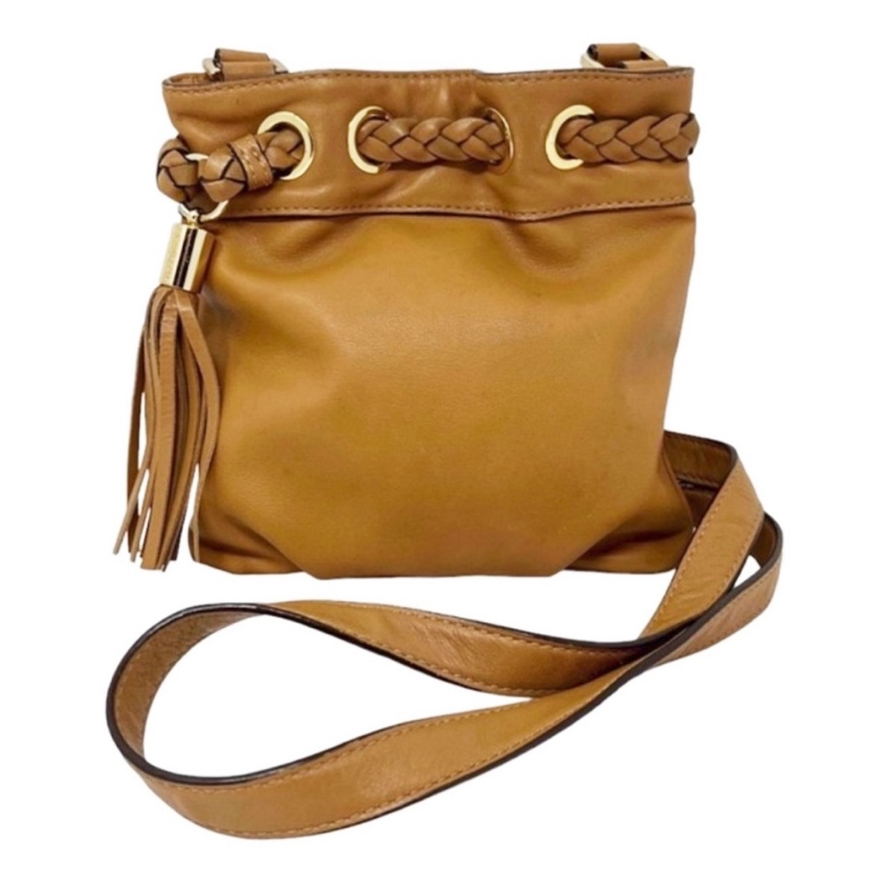 Michael Kors Caramel Brown Leather Crossbody Bag with Braided Accent